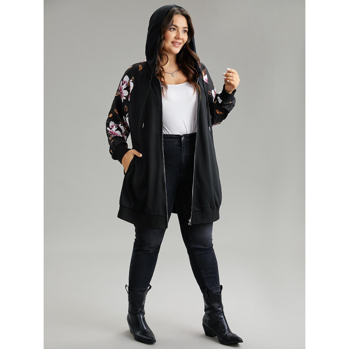 Plus Size Floral Zipper Hooded Patchwork Raglan Sleeve Sweatshirt Women Black Casual Rib Knit Hooded Dailywear Sweatshirts BloomChic 30/6X Product Image