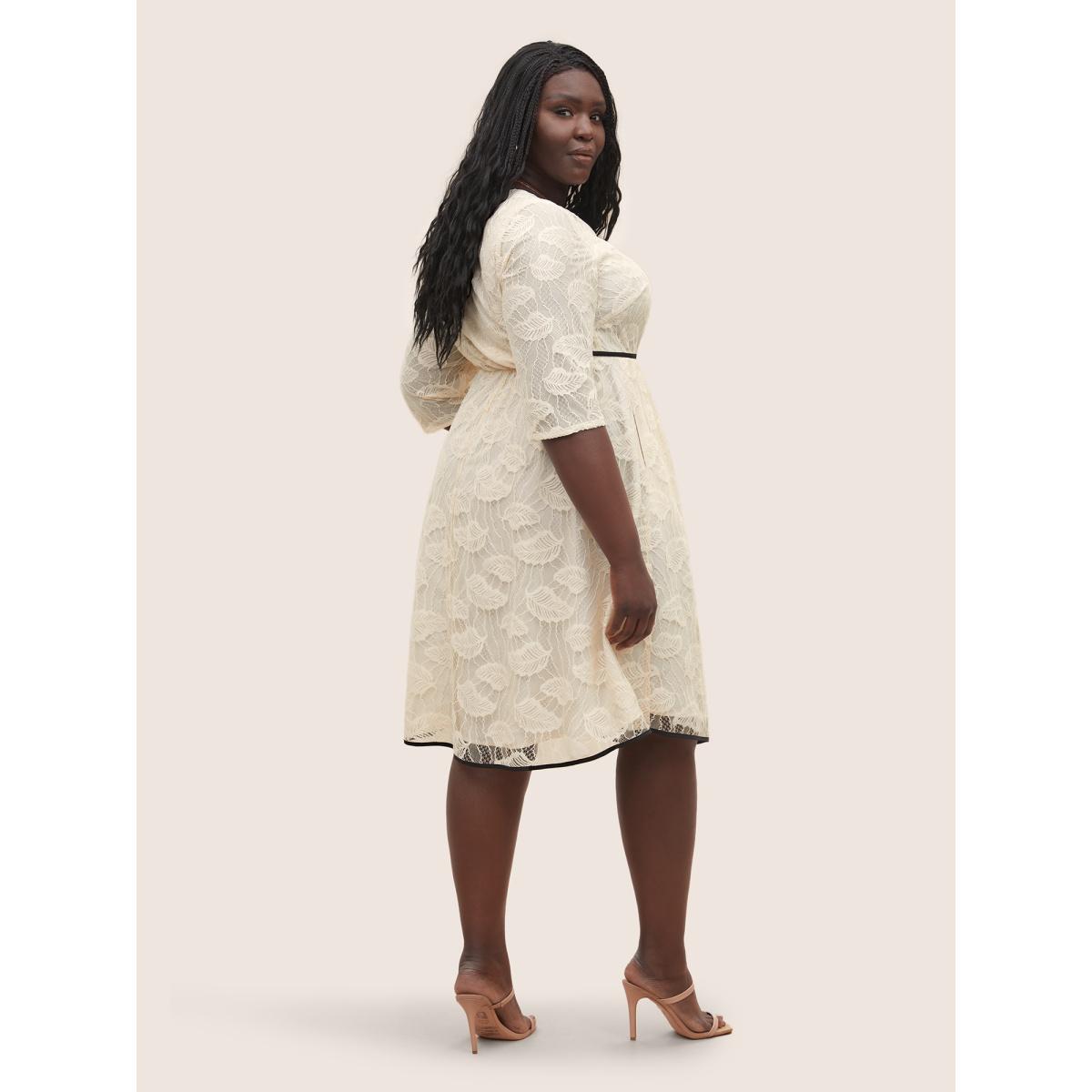 Plus Size Contrast Trim Lace V Neck Dress Apricot Women Elegant Non V-neck Elbow-length sleeve Curvy Midi Dress BloomChic 28/5X Product Image