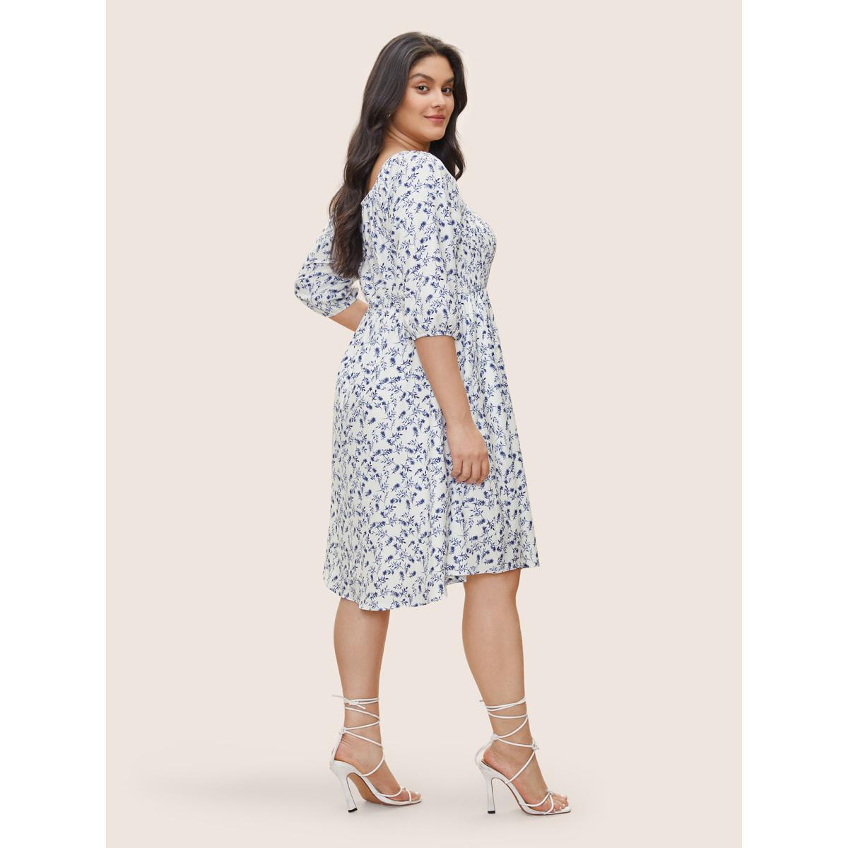 Plus Size Ditsy Floral Square Neck Shirred Lantern Sleeve Dress White Women Elegant Non Square Neck Elbow-length sleeve Curvy Midi Dress BloomChic 22-24/3X Product Image