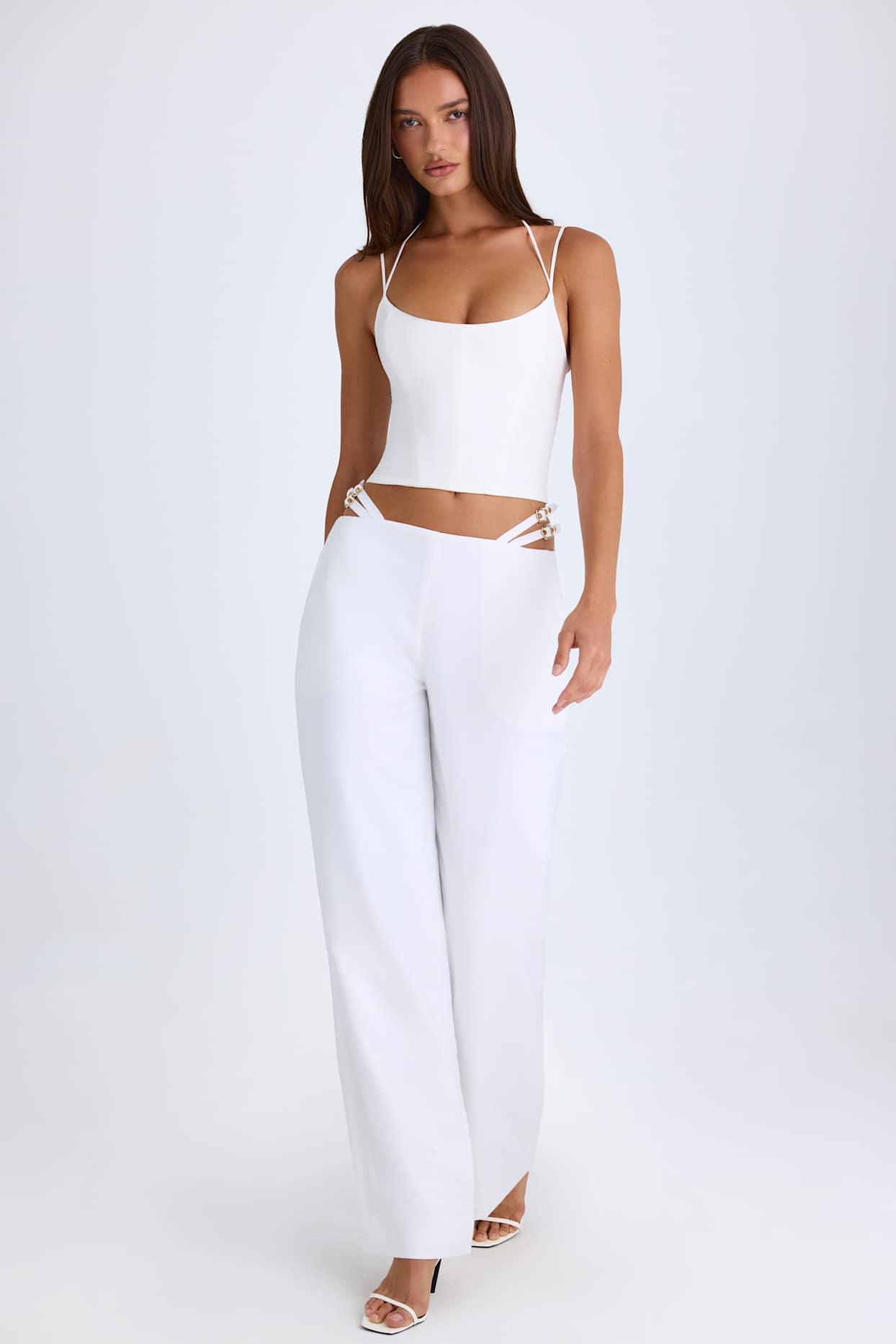 Belted Cut-Out Wide-Leg Trousers in White Product Image