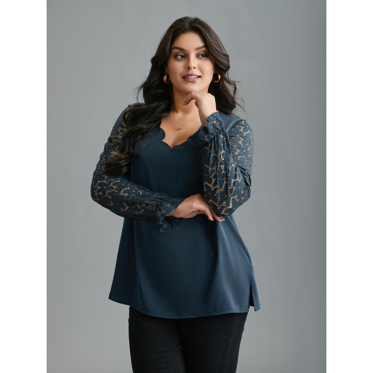 Plus Size Indigo Sheer Floral Sleeve Scalloped Neck Shirt Women Elegant Long Sleeve V-neck Everyday Blouses BloomChic 28/5X Product Image