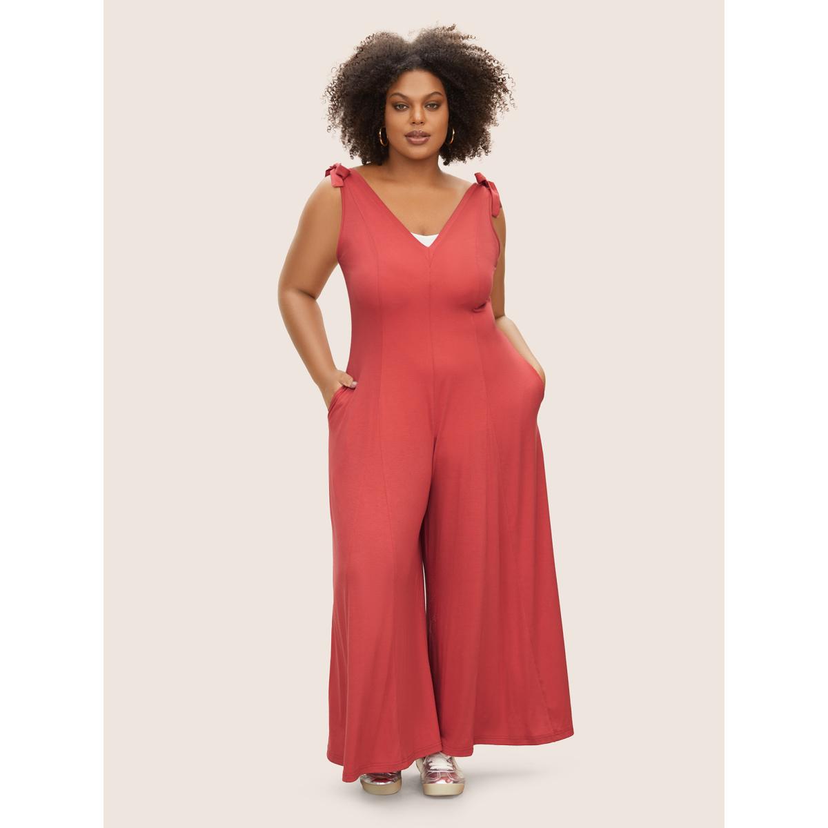Plus Size OrangeRed Supersoft Essentials V Neck Solid Tie Knot Jumpsuit Women Casual Sleeveless V-neck Everyday Loose Jumpsuits BloomChic 14-16/1X Product Image