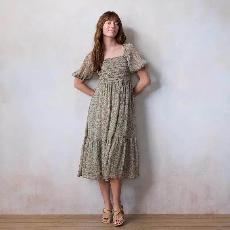 Women's LC Lauren Conrad Square Neck Pleated Bodice Midi Dress, Size: XS, Green Virginia Vines Product Image