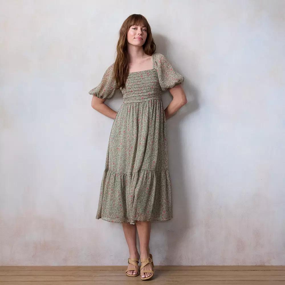 Women's LC Lauren Conrad Square Neck Pleated Bodice Midi Dress, Size: XS, Green Virginia Vines Product Image