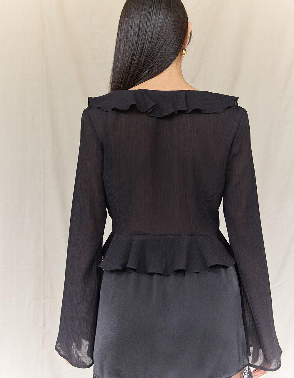 WEST OF MELROSE Sheer Ruffle Womens Long Sleeve Top - BLACK Product Image