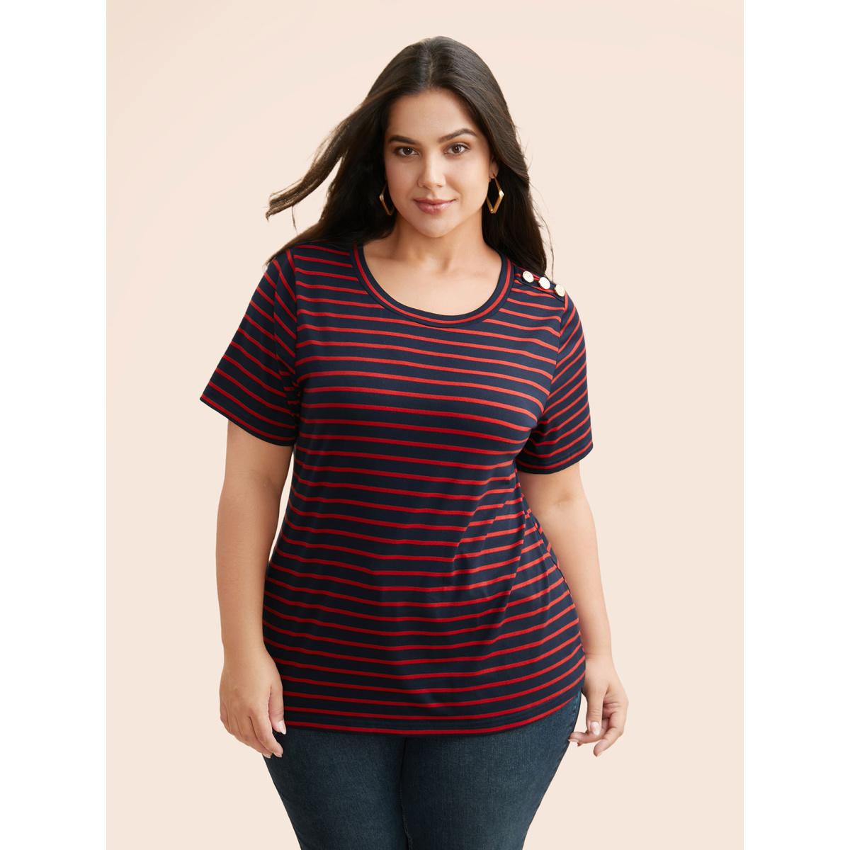 Plus Size Crew Neck Striped Button Detail T-shirt Midnight Women Casual Button Round Neck Everyday T-shirts BloomChic 26/4X Product Image