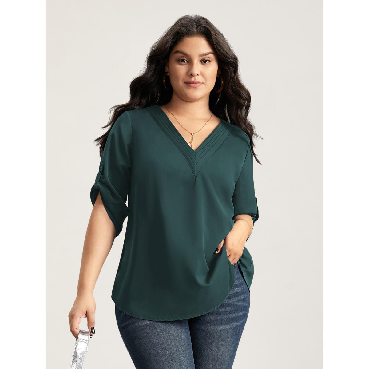 Plus Size Cyan V Neck Plain Pleated Tab Sleeve Blouse Women Office Elbow-length sleeve V-neck Office Blouses BloomChic 12/L Product Image