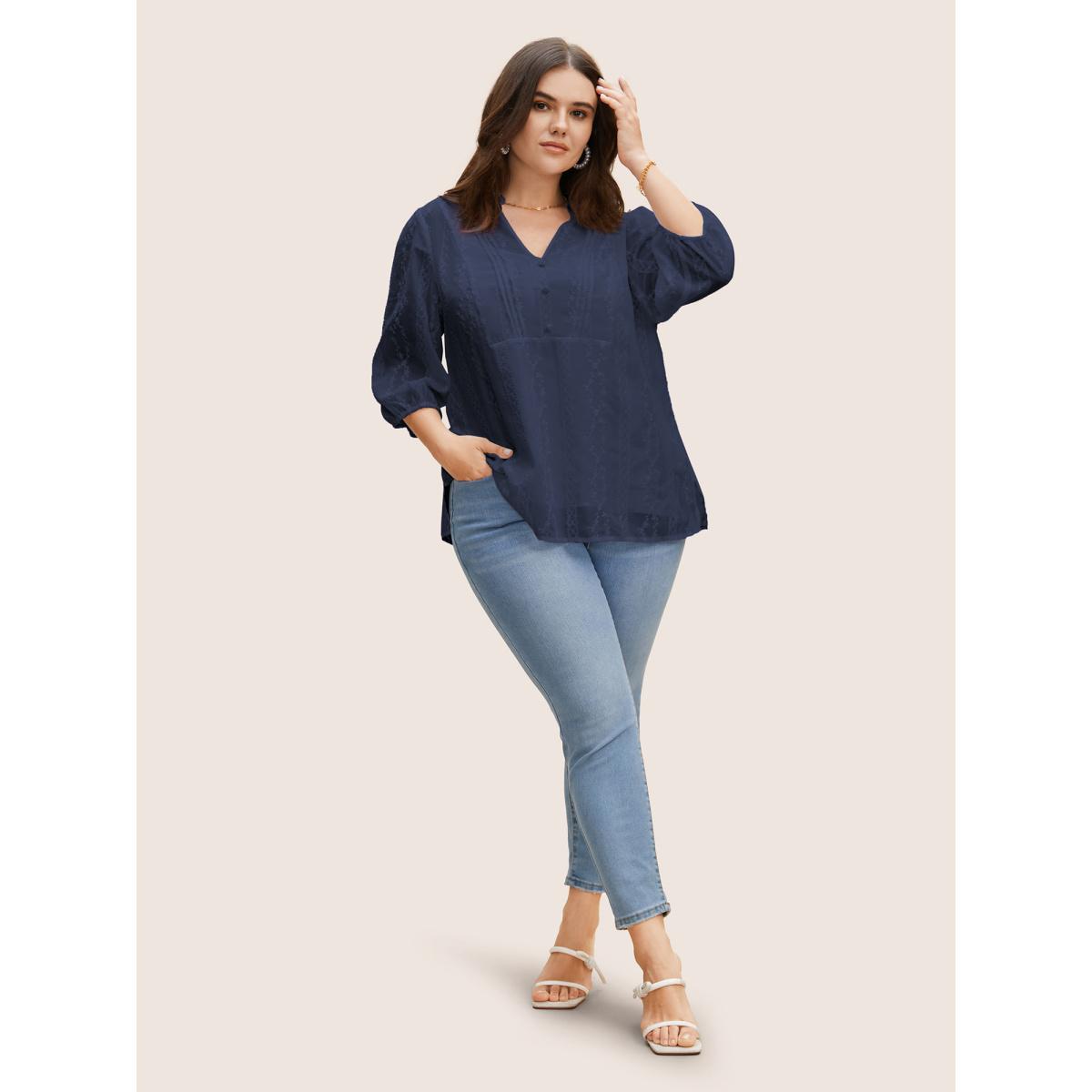 Plus Size Indigo Texture Mesh Button Detail Tucked Seam Blouse Women Timeless Elbow-length sleeve V-neck Elegant Blouses BloomChic 30/6X Product Image