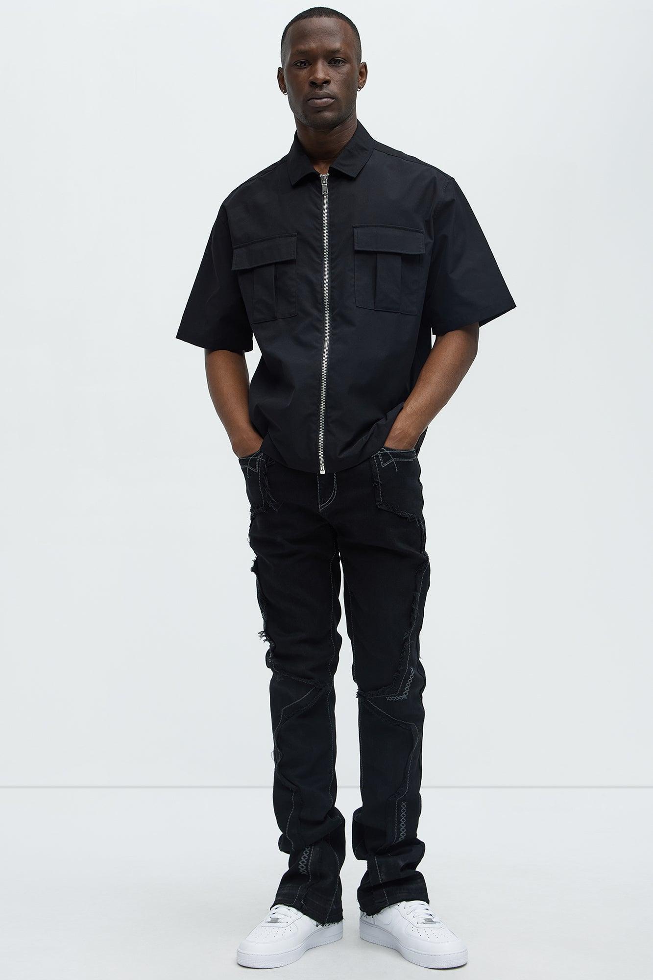 Stacked Skinny Flare Taking It Back Contrast Stitched Fray Jeans - Black Product Image