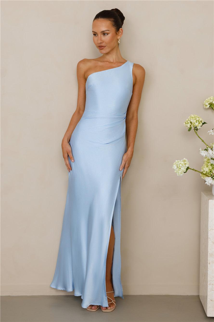 The Aurora One Shoulder Satin Maxi Dress Blue Product Image