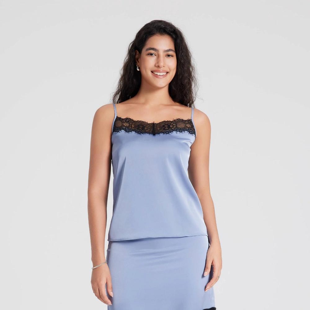 Women's Lace Trim Satin Camisole - A New Day™ Light Blue S Product Image