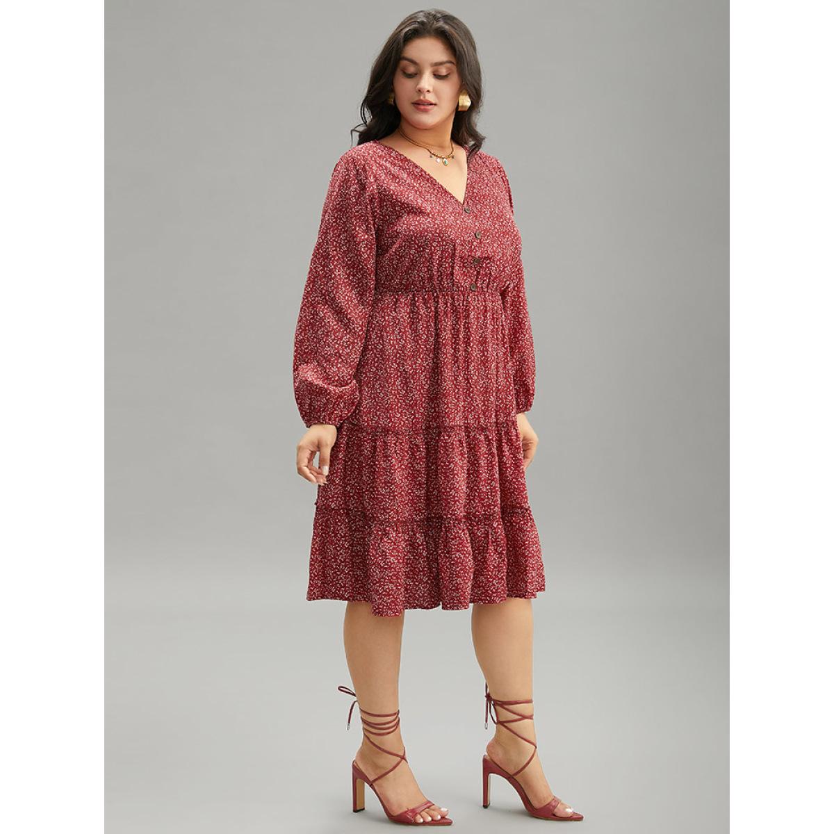 Plus Size Ditsy Floral V Neck Lantern Sleeve Ruffle Layered Hem Dress Scarlet Women Elegant Elastic cuffs V-neck Long Sleeve Curvy Midi Dress BloomChic 10/M Product Image
