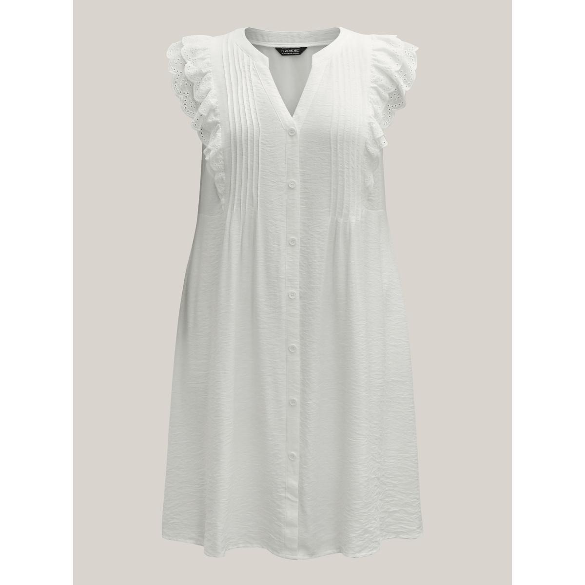 Plus Size Lace Trim Pleated Button Shirt Dress Originalwhite Women Flat collar with V-notch Cap Sleeve Curvy BloomChic 30/6X Product Image