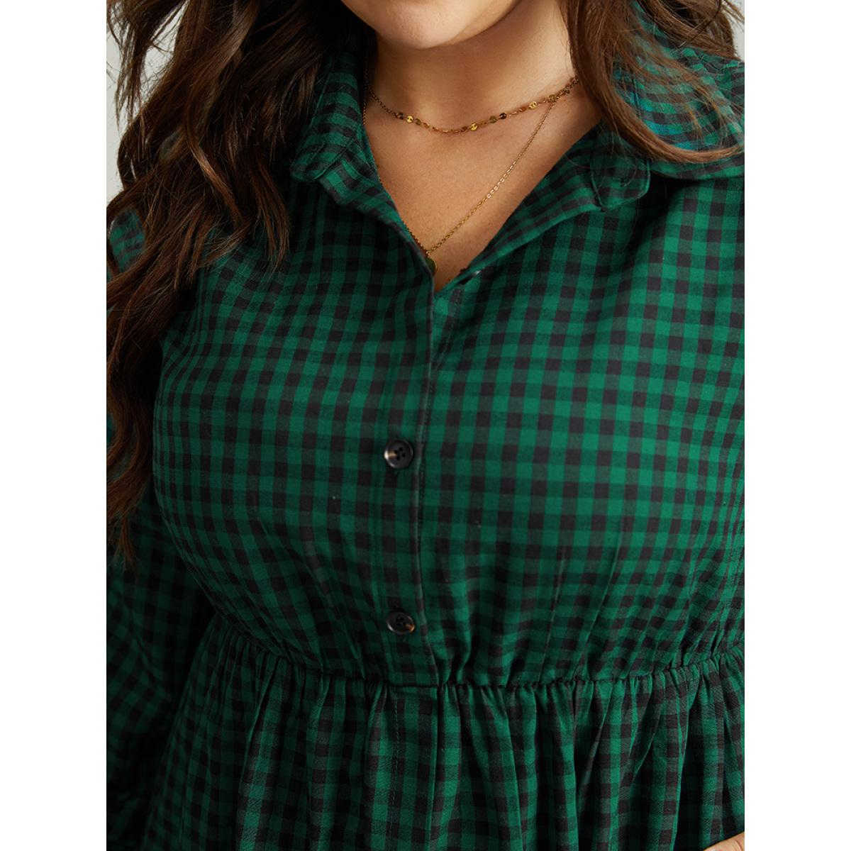 Plus Size Gingham Pocket Button Up Elastic Waist Dress DarkGreen Women Casual Elastic cuffs Shirt collar Long Sleeve Curvy Midi Dress BloomChic 22-24/3X Product Image