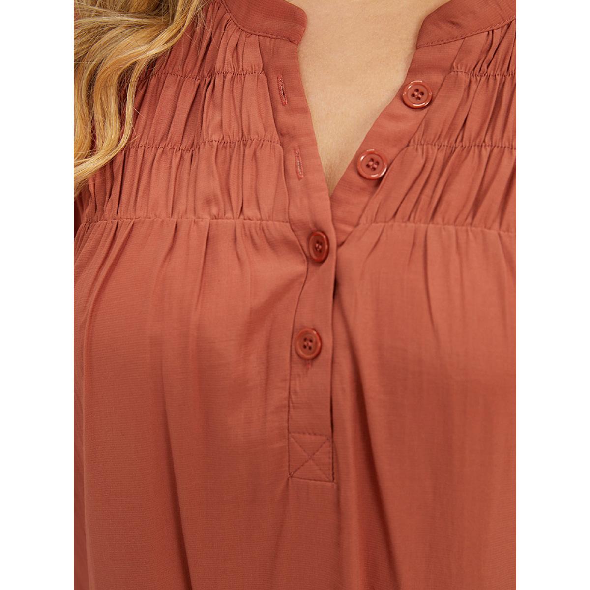 Plus Size Chocolate Plain Notched Button Through Elastic Cuffs Shirred Blouse Women Office Elbow-length sleeve V-neck Office Blouses BloomChic 14-16/1X Product Image