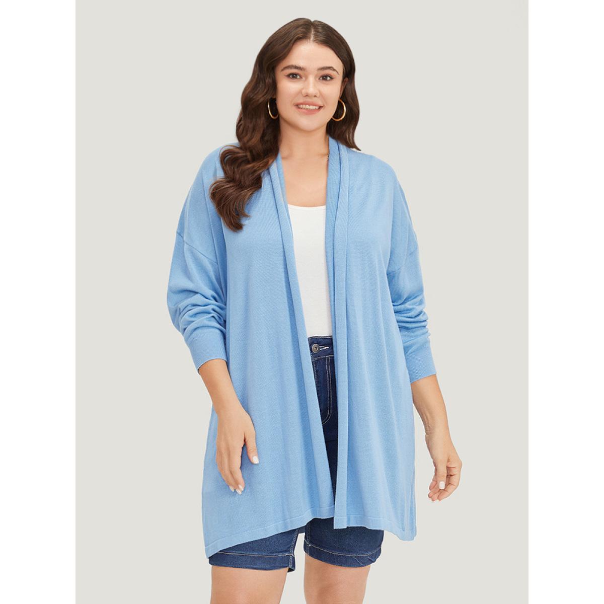 Plus Size Supersoft Essentials Plain Drop Shoulder Lapel Collar Cardigan LightBlue Women Casual Loose Long Sleeve Everyday Cardigans BloomChic 12/L Product Image