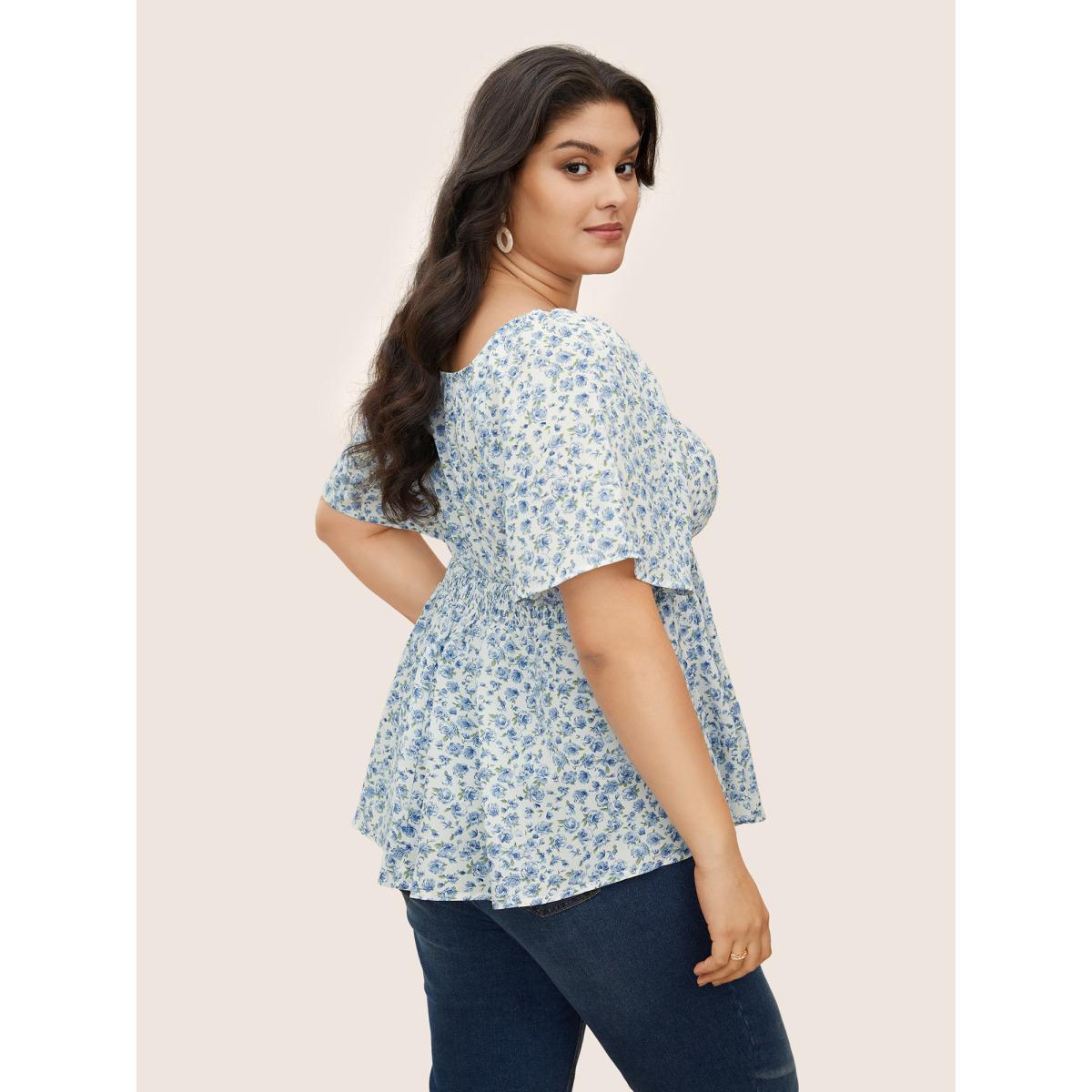 Plus Size White Ditsy Floral Ruffle Sleeve Shirred Square Neck Blouse Women Elegant Short sleeve Square Neck Everyday Blouses BloomChic 22-24/3X Product Image