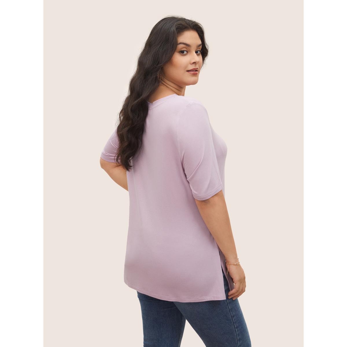 Plus Size Supersoft Essentials Solid Split Hem T-shirt Pink Women Casual Non Plain V-neck Everyday T-shirts BloomChic 28/5X Product Image