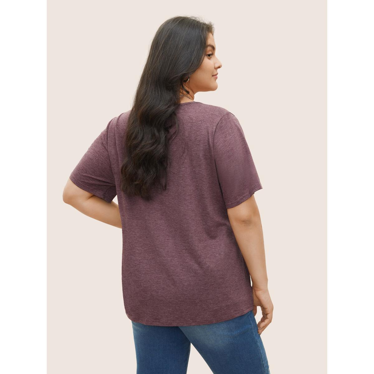 Plus Size Solid Pleated Front Button Detail V Neck T-shirt Mauve Women Casual Button Plain Everyday T-shirts BloomChic 10/M Product Image