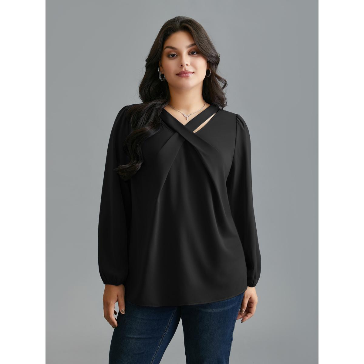 Plus Size Black Criss Cross Neckline Puff Sleeve Gathered Blouse Women Elegant Long Sleeve Asymmetrical Neck Everyday Blouses BloomChic 10/M Product Image