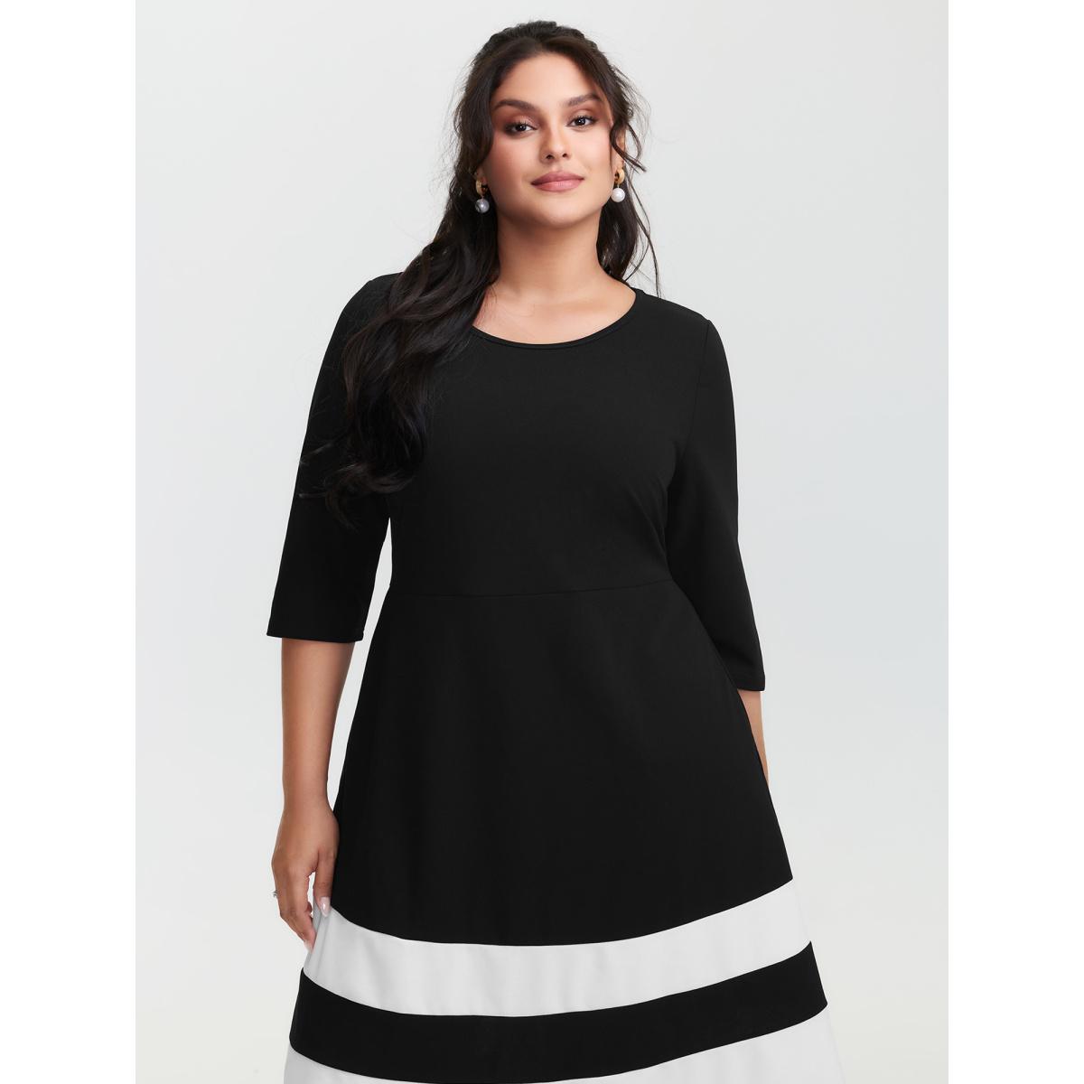 Plus Size Color Stripes Pockets Midi Dress Black Women Office Contrast Round Neck Elbow-length sleeve Curvy BloomChic 22-24/3X Product Image