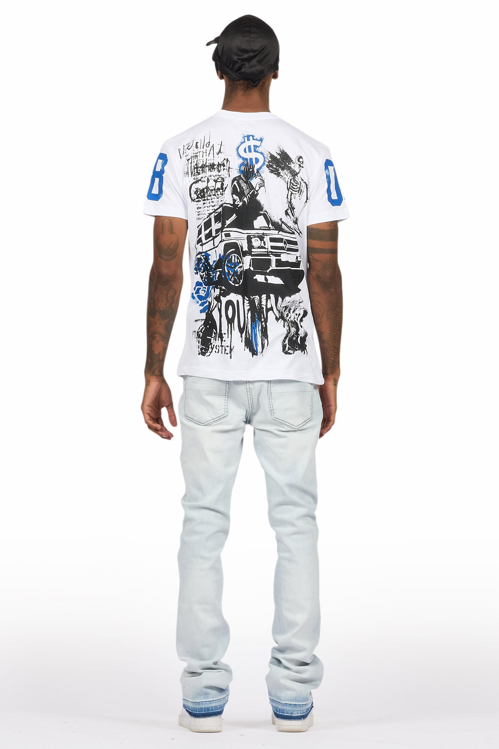 Grill White/Blue Oversized Graphic T-Shirt/Dag Stacked Flare Jean Set Male Product Image