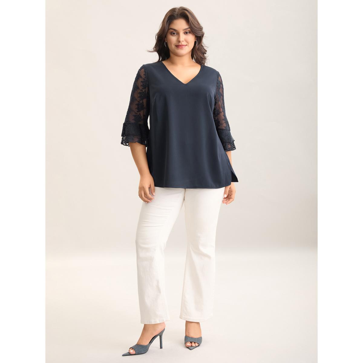 Plus Size Indigo Sheer Textured Sleeve V-Neck Blouse Women Elbow-length sleeve V-neck Elegant Blouses BloomChic 22-24/3X Product Image