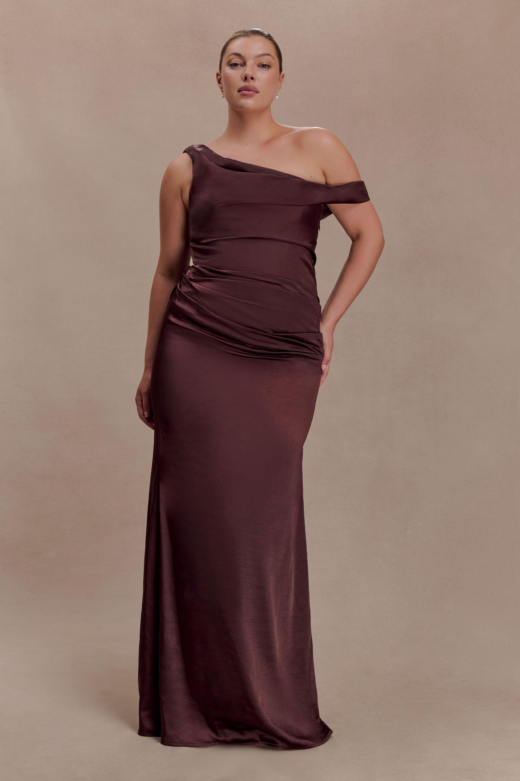 Dalia Off Shoulder Satin Maxi Dress - Dark Chocolate Product Image