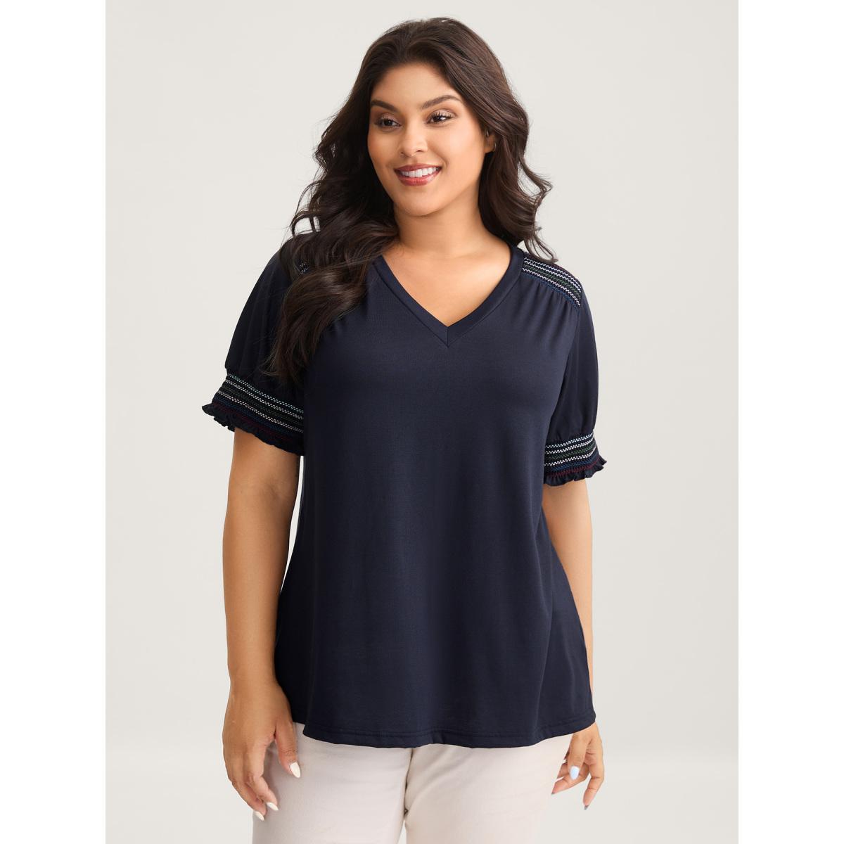 Plus Size Stretchy Colorful Spliced Shirred T-Shirt Midnight Women Leisure Shirred V-neck Casual T-shirts BloomChic 18-20/2X Product Image