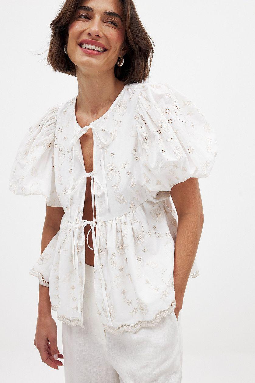 Embroidered Contrast Tie Front Blouse Product Image