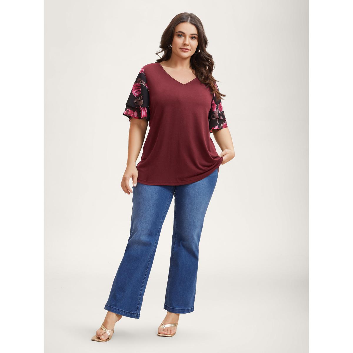 Plus Size Stretchy Floral Lotus Sleeve V-Neck T-Shirt Burgundy Women Leisure Contrast Round Neck Casual T-shirts BloomChic 22-24/3X Product Image
