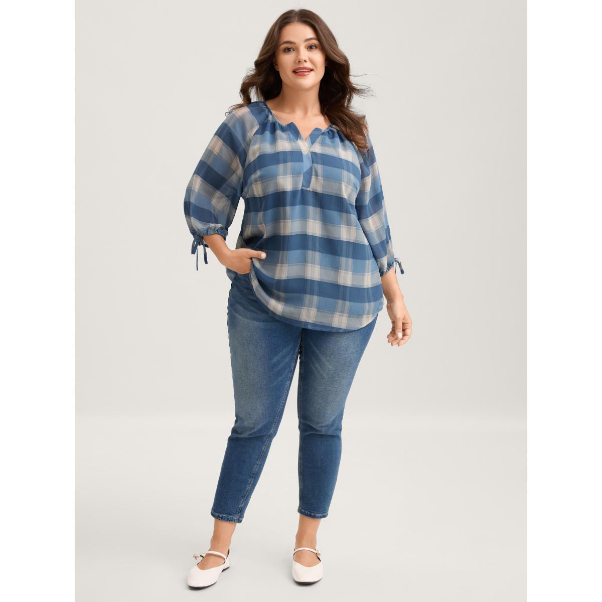 Plus Size Mediumblue Plaid Print Notched Collar Blouse Women Leisure Elbow-length sleeve Flat collar with V-notch Casual Blouses BloomChic 12/L Product Image