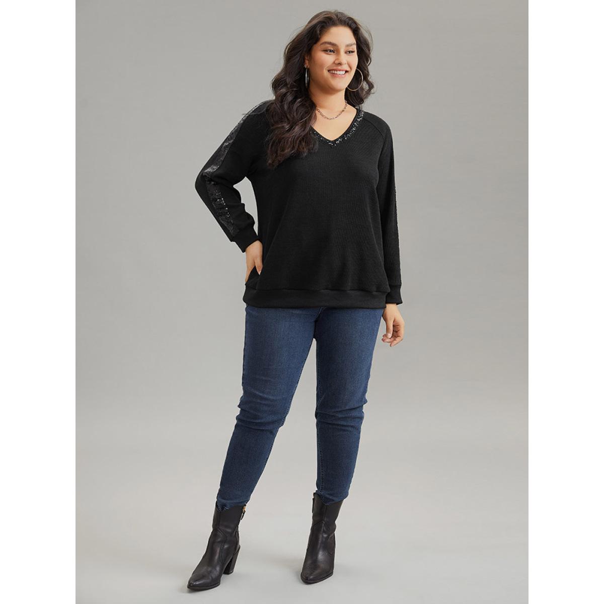 Plus Size Sequin Patchwork Raglan Sleeve Plisse Sweatshirt Women Black Casual Rib Knit V-neck Dailywear Sweatshirts BloomChic 28/5X Product Image