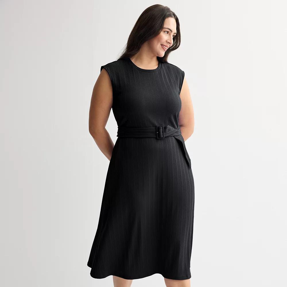 Plus Size Nine West Belted Rib Midi Dress, Women's, Size: 3XL, Mineral Black Product Image