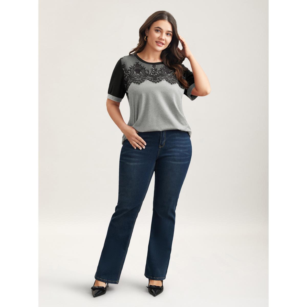 Plus Size Stretchy Scalloped Lace Color Contrast T-Shirt LightGray Women Timeless Contrast Round Neck Elegant T-shirts BloomChic 14-16/1X Product Image