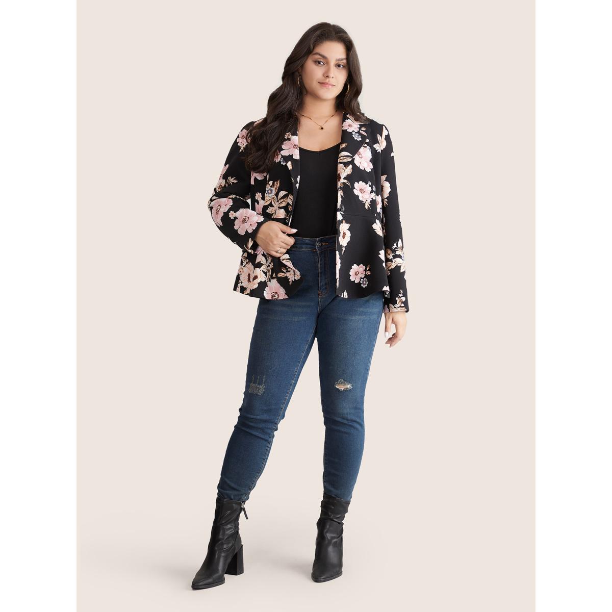 Plus Size Lapel Collar Floral Button Up Blazer BlackFlower Women Dailywear Floral Lined Sleeve Long Sleeve Lapel Collar 14-16/1X Elegant Blazers BloomChic Product Image