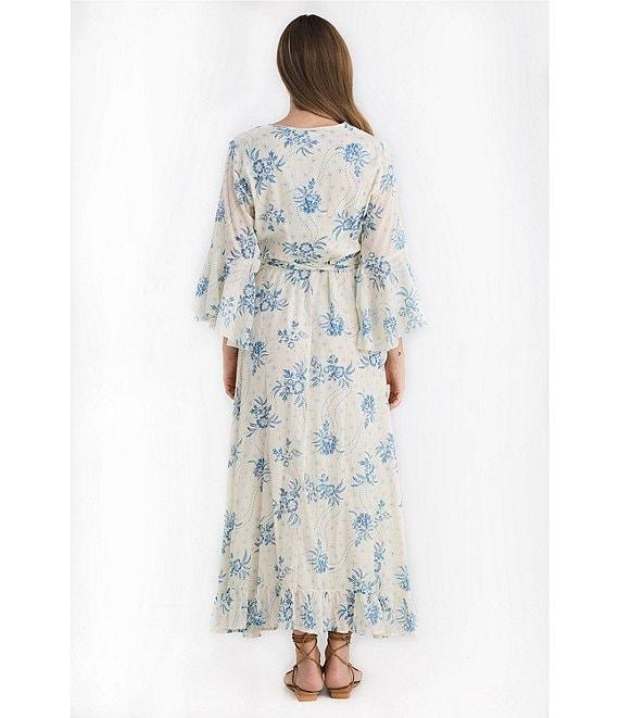 Talisman Carly Bluebell Woven Floral Print V-Neck 3/4 Bell Sleeve Wrap Maxi Dress Product Image