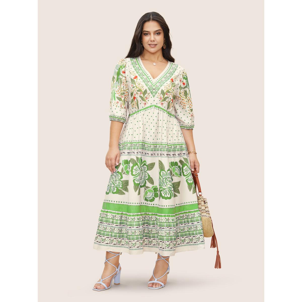 Plus Size V Neck Floral Print Elastic Waist Lantern Sleeve Dress Truegreen Women Resort Gathered V-neck Sleeveless Curvy Midi Dress BloomChic 14-16/1X Product Image