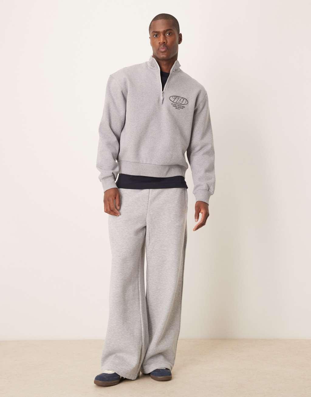 ASOS DESIGN premium heavyweight boxy oversized quarter zip sweatshirt 400gsm with tonal print in gray heather Product Image