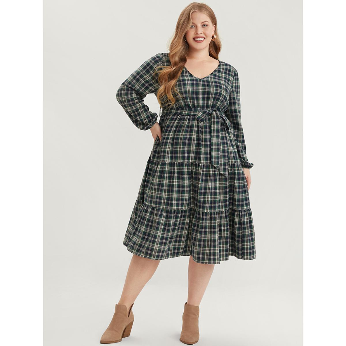 Plus Size Tartan Pocket Belted Lantern Sleeve Ruffle Tiered Dress Emerald Women Casual V-neck Long Sleeve Curvy Midi Dress BloomChic 28/5X Product Image
