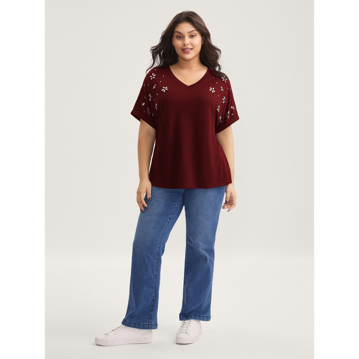 Plus Size Supersoft Stretchy Zirconia Design T-Shirt Burgundy Women Rhinestone detailing V-neck Everyday-Casual T-shirts BloomChic 10/M Product Image