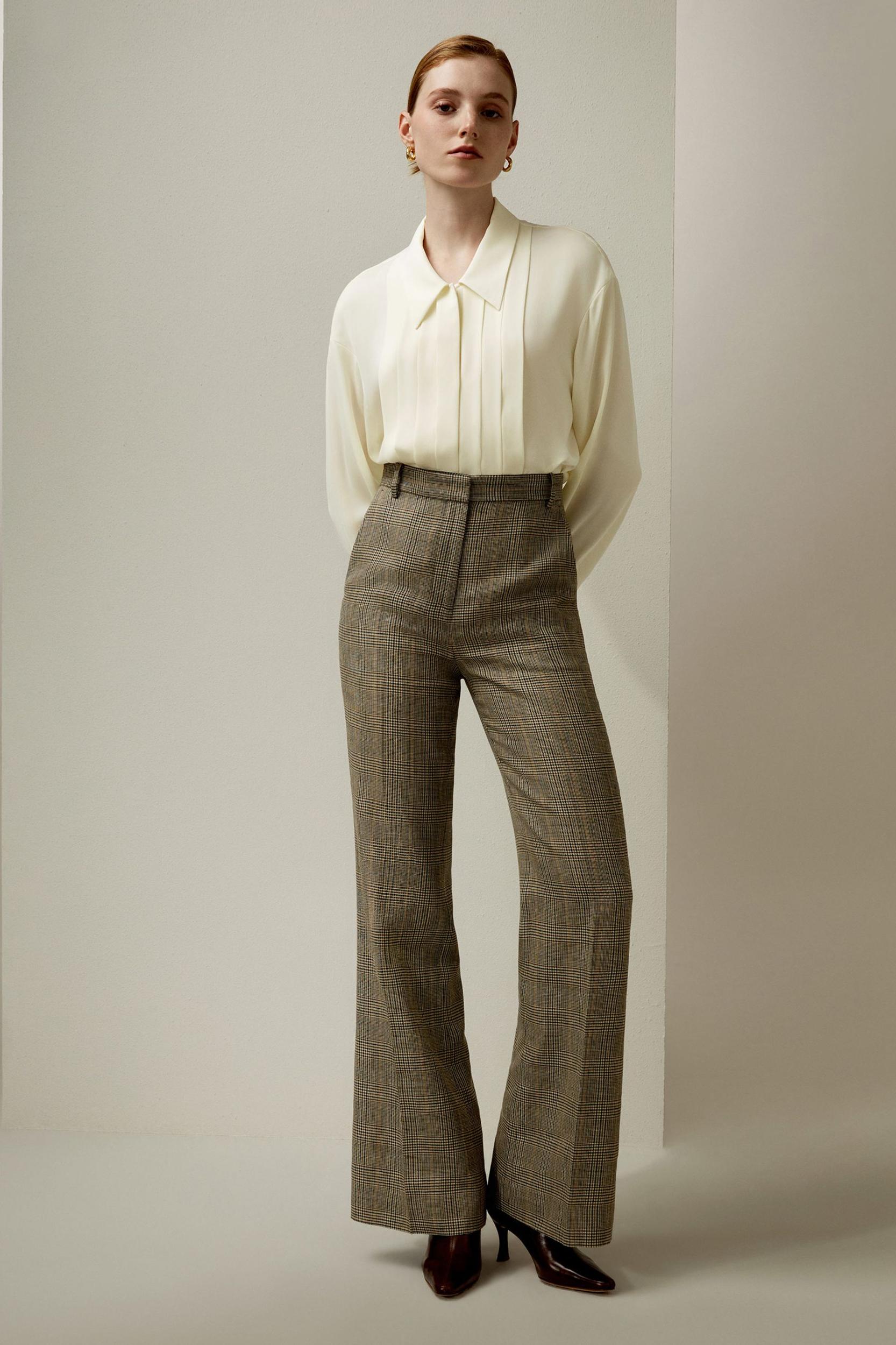 Pleated Point Collar Silk Blouse Product Image