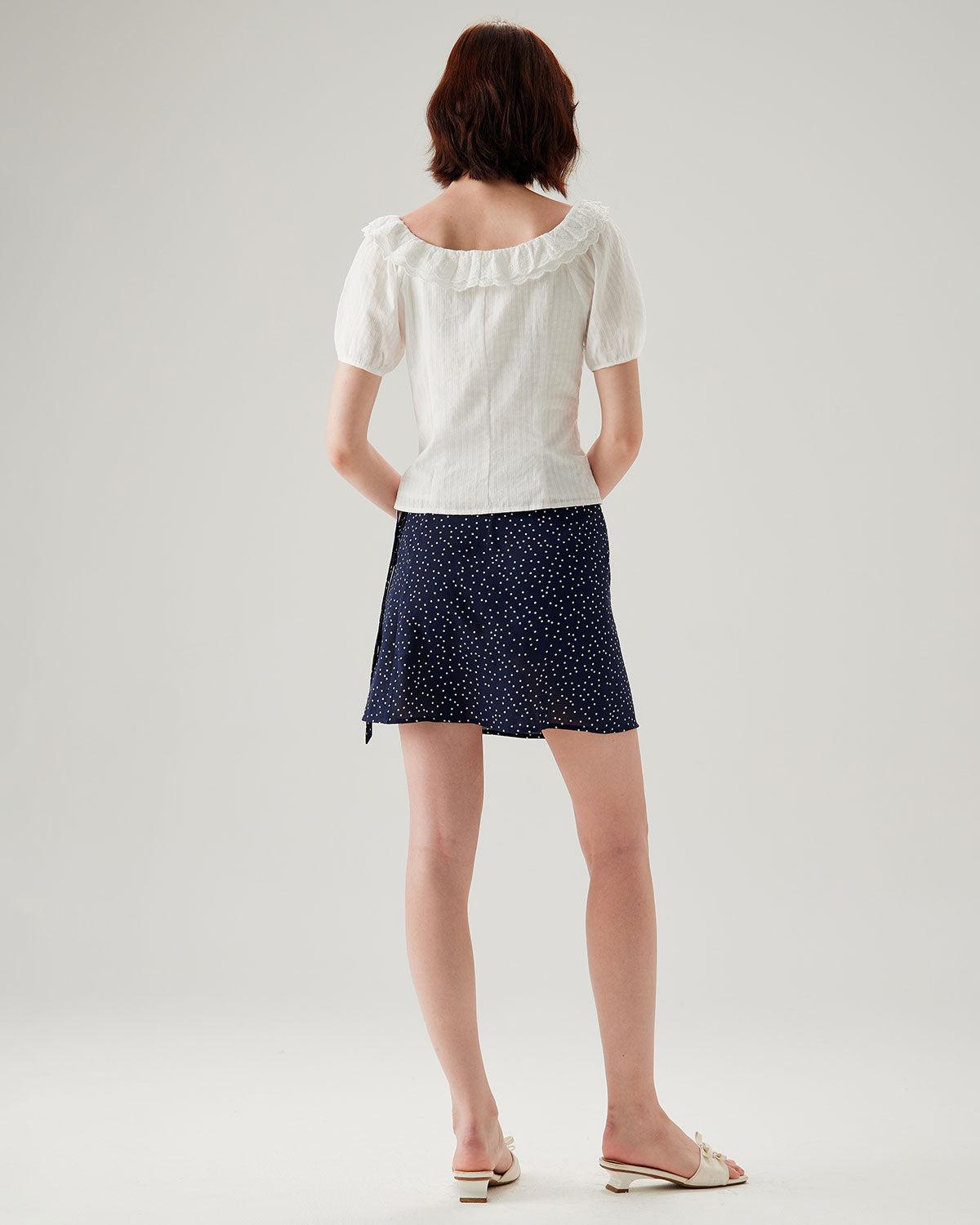Navy Polka Dot Wrap Mini Skirt Product Image