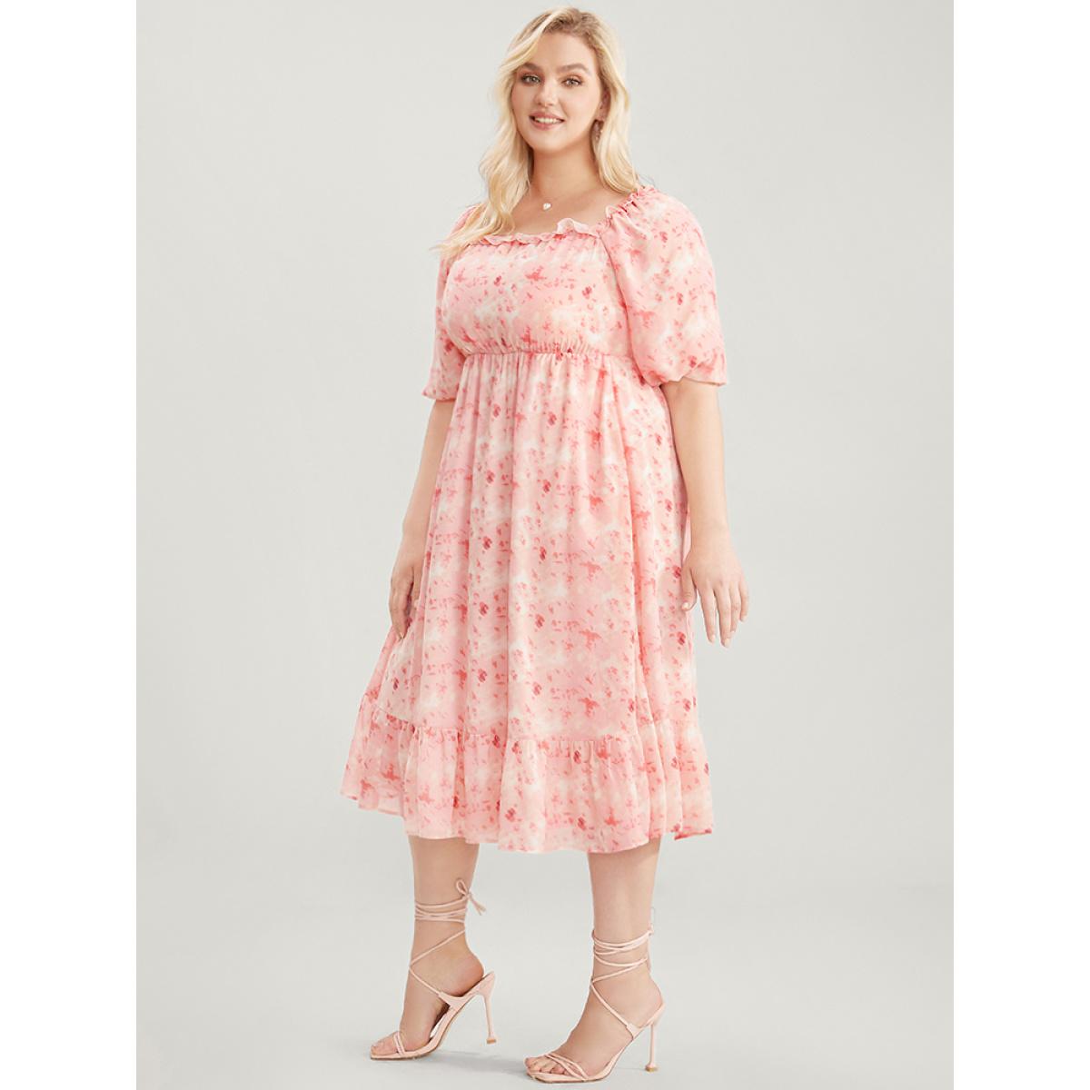 Plus Size Tie Dye Square Neck Puff Sleeve Pocket Ruffle Hem Dress Crepe Women Elegant Pocket Square Neck Short sleeve Curvy Knee Dress BloomChic 18-20/2X Product Image