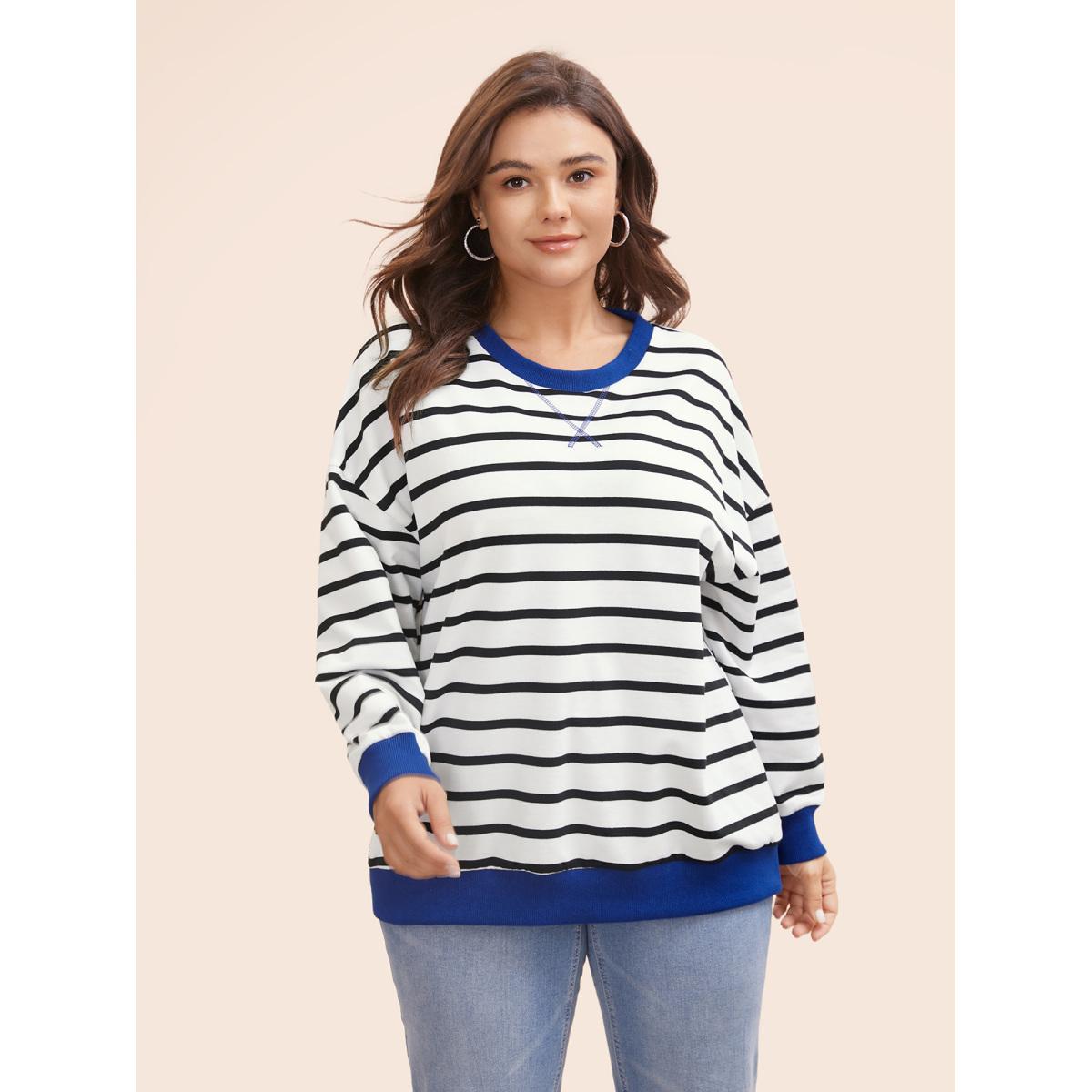 Plus Size Striped Contrast Trim Stitch Sweatshirt Women Black Casual Topstitching Round Neck Everyday Sweatshirts BloomChic 14-16/1X Product Image