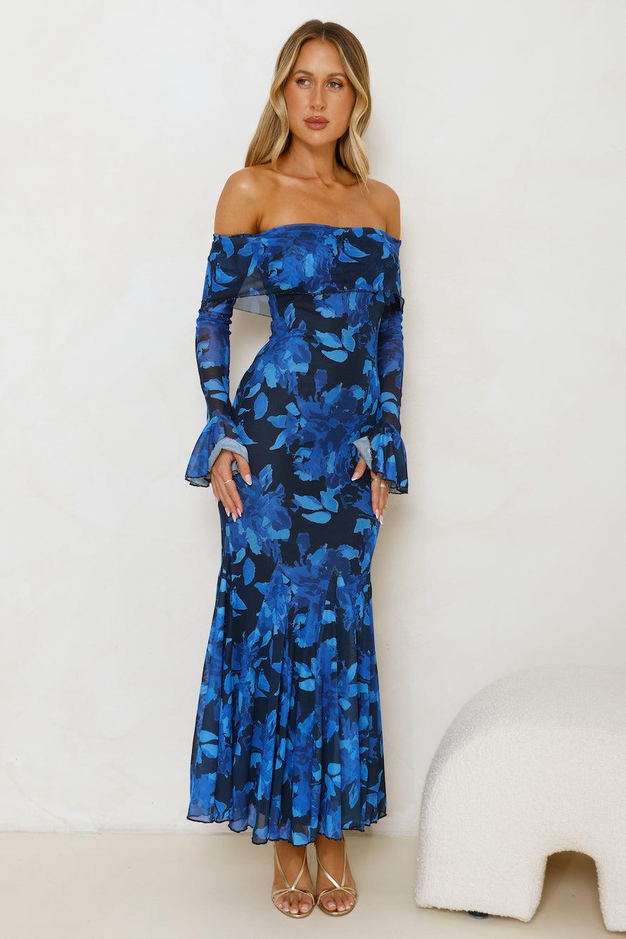 Style Supreme Off Shoulder Mesh Maxi Dress Blue Product Image