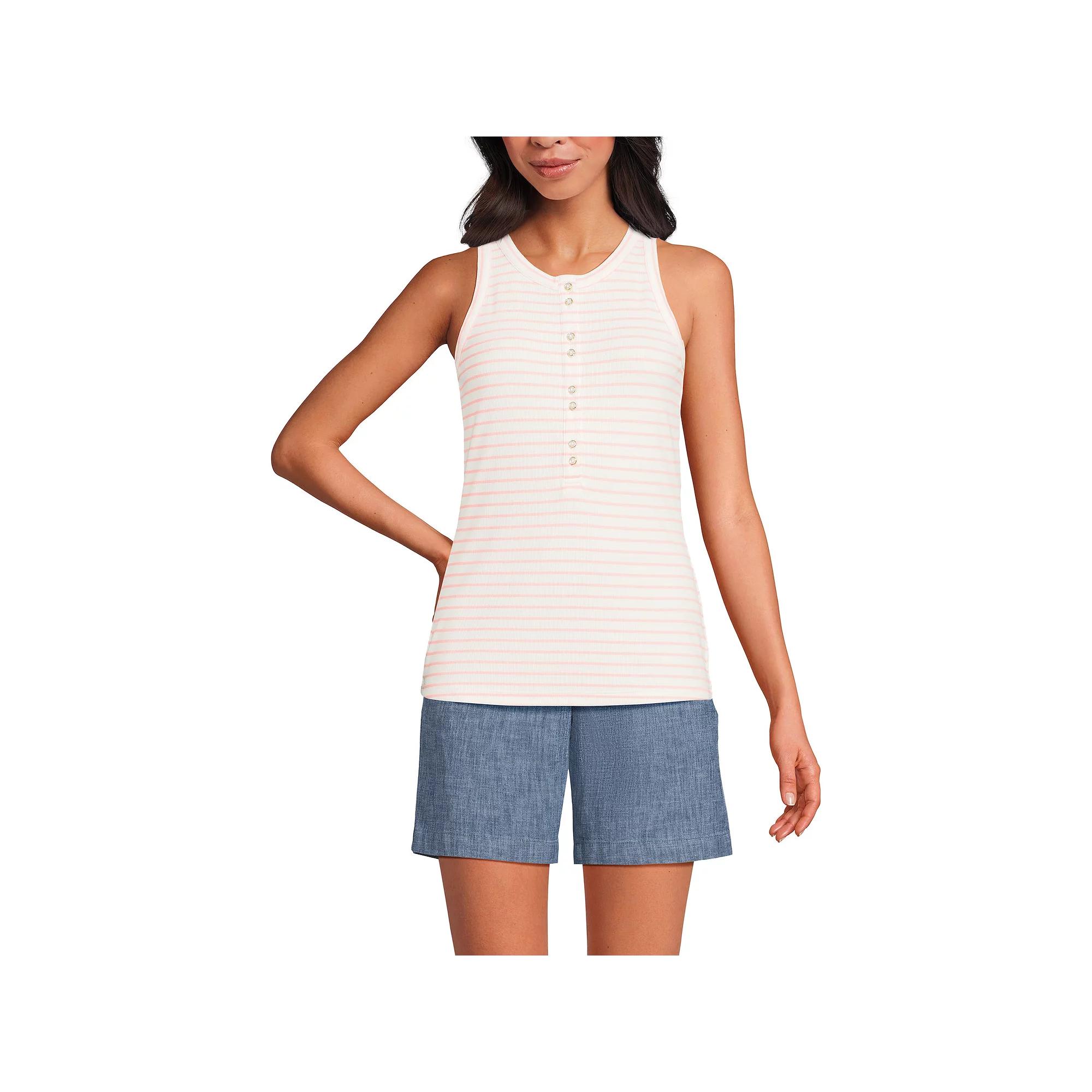 Women's Lands' End Fitted Henley Tank Top, Size: XS, Ivory Pink Stripe Product Image