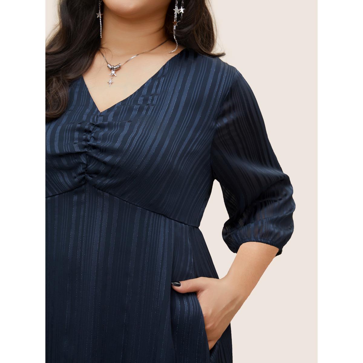 Plus Size Textured Chiffon Mesh Patchwork Ruched Dress Indigo Women At the Office Non V-neck Elbow-length sleeve Curvy Midi Dress BloomChic 14-16/1X Product Image