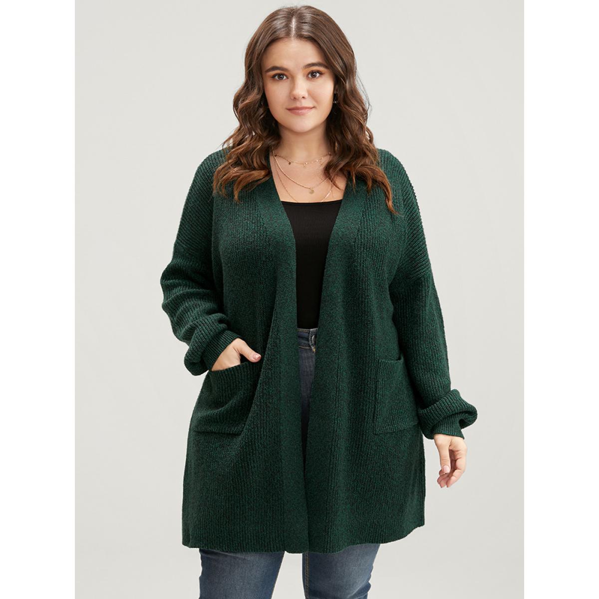 Plus Size Soft Pointelle Knit Pocket Belted Open Front Cardigan Cyan Women Casual Loose Long Sleeve Dailywear Cardigans BloomChic 28/5X Product Image