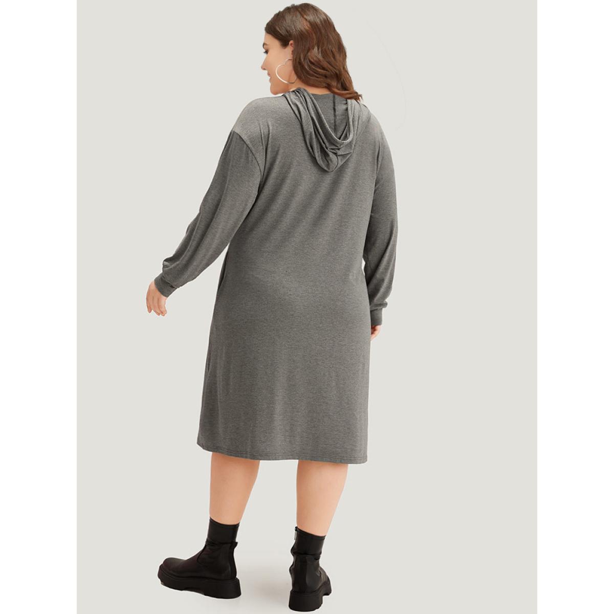 Plus Size Star Sequin Drawstring Pocket Hooded Dress DimGray Women Casual Plain Hooded Long Sleeve Curvy Midi Dress BloomChic 22-24/3X Product Image
